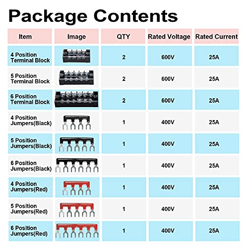 Image of Terminal Block and Strip - 6 Sets 4 /5 /6 Positions 600V 25A Dual Row Wire Screw Terminal Strip Block with Cover + 400V 25A Pre-Insulated Terminals Barrier Strips Jumpers (Black & Red)
