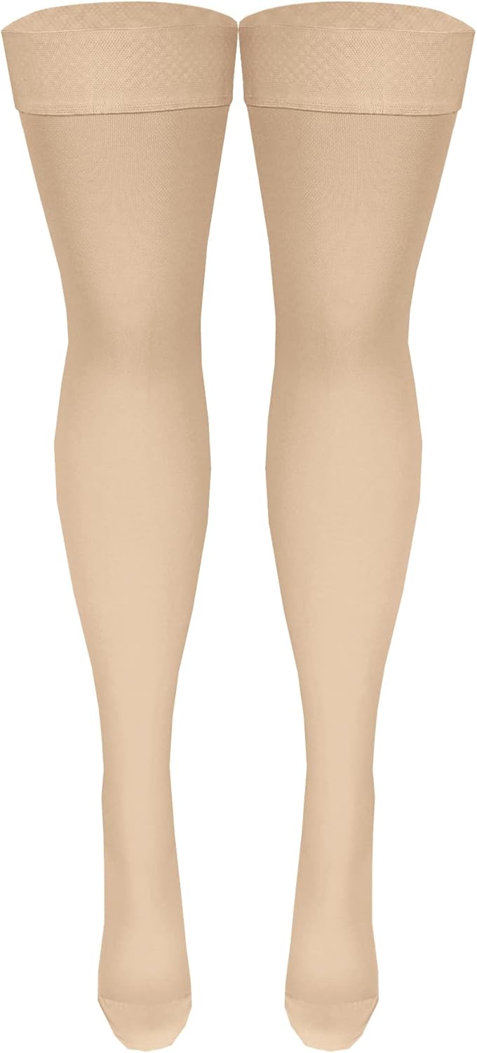 NuVein Medical Compression Stockings, 20-30 mmHg Support, Women & Men Thigh Length Hose, Closed Toe, Light Beige, Medium - Image 3