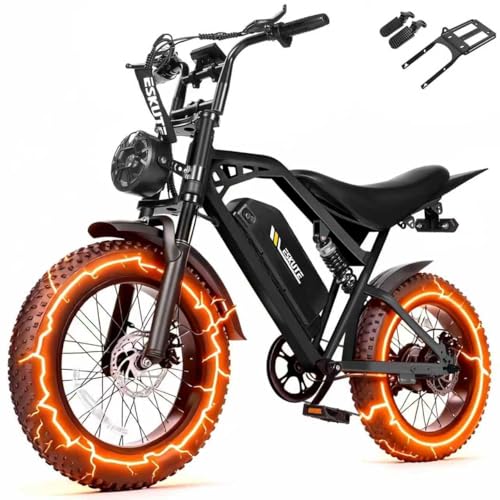 Image of Electric Dirt Bike Adults, 1300W Peak 52V20.8Ah ebike, 20 inch x4.0 Fat Tire, Streamlined E-Motorcycle with 7 Speeds for Youths, V200，Black with Rear Rack + Footrests