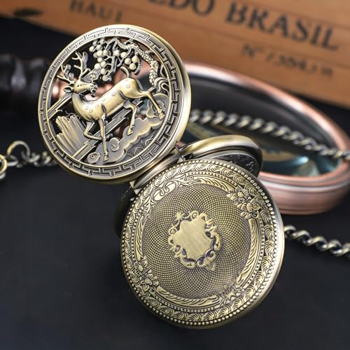 Image of Vintage Gold Double Sides Open Case Mechanical Men's Pocket Watch,Double Face Roman Dial Clock Hand Wind Pocket Watch for Men with FOB Chain