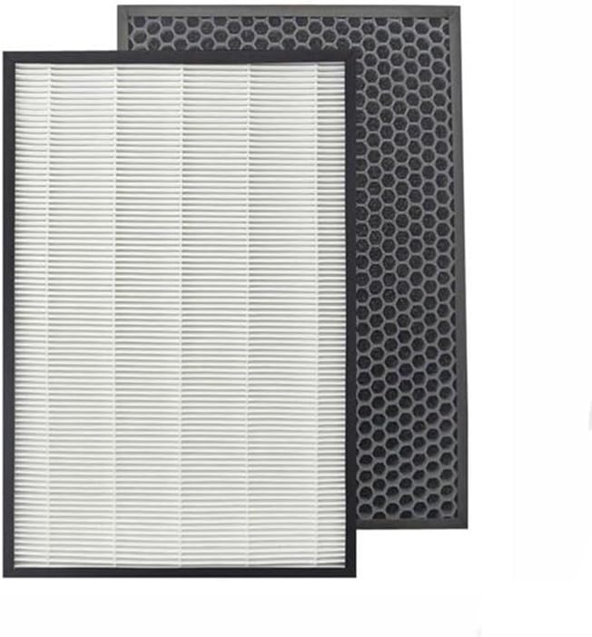 A white pleated HEPA filter and a black honeycomb-patterned activated carbon deodorizing filter shown side-by-side.