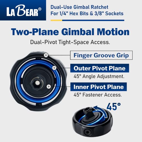 Image of LABEAR 360 Dual-Use Finger Ratchet, 3 /8 inch Drive & 1 /4 inch Hex Bit | Pocket-size control, dual-direction thumb switch, 5 swing arc, S2 steel tips, magnetized fit, compact blue storage holder