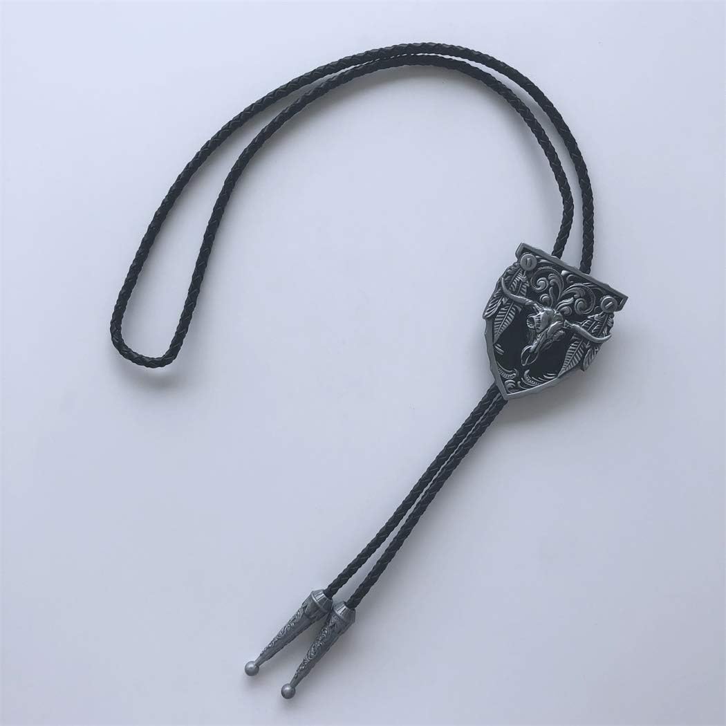 Bolo Tie for Men,Cowboy Necklace,Vintage Black Enamel Long Horn Bull Bolo Tie
