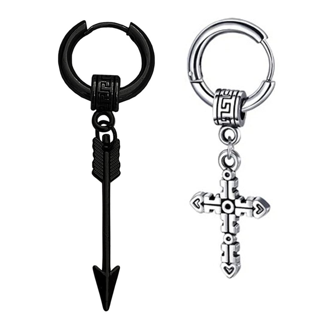 Arrowhead With Jesus Christ cross Hoop Black & Silver Stainless Steel Earrings For Men And Women-image-48