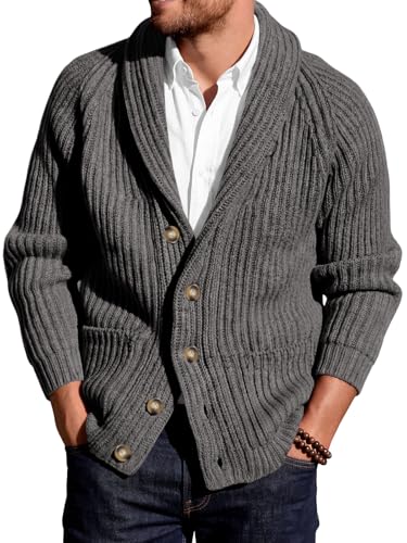 Ryannology Mens Shawl Neck Cardigan Sweater Cable Knit Button Up Closure with Pockets Winter Sweaters Outerwear