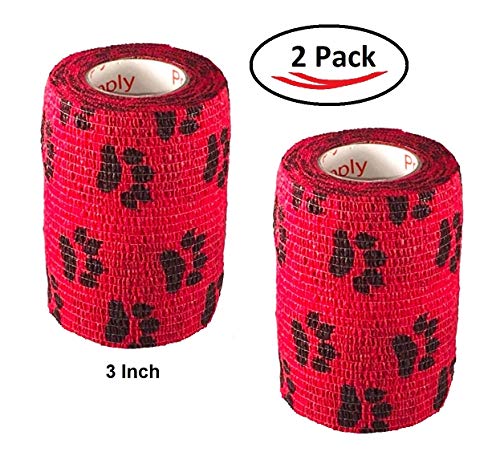 Image of Vet Wrap Wrap Tape (Red with Paws) (2 Pack) (4 Inch x 15 feet) Self Adhesive Adherent Adhering Cohesive Flex Self Stick Bandage Grip Roll Dog Cat Pet Horse