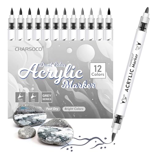 Image of Grey Tones Acrylic Paint Pens, 12 Colors Markers Set with Soft Brush & Bullet Tip, for Rock, Painting, Wood, Glass, Ceramic, Canvas, Stone, DIY Crafts, Making Art Supplies, Fabric Paint