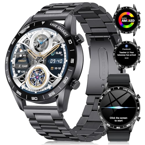 LIGE Reloj Inteligente Hombre, 1.43'' AMOLED Smartwatch Hombre con Llamadas y Asistente Voz, 2 Correas, 15 días de duración de la batería, 100+ Deportes Modo Reloj Deportivo para Android iOS