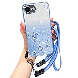 MRRSIWEI クロスボディケース iPhone 16e (16ではありません)、豪華なキラキラ光るキラキラした花とクロスボディランヤード 女性 ガールズ 耐衝撃 かわいいケース Apple 16e用 ダイヤモンドフラワー ブルー