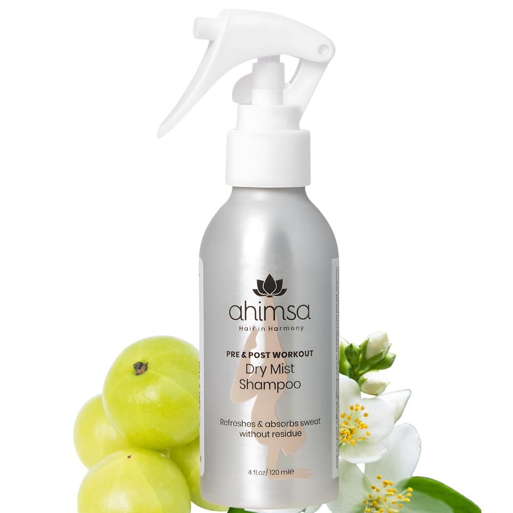 Ahimsa Dry Mist Shampoo for Dark Hair – No White Residue, No Powder, No Benzene – Instantly Refreshes & Absorbs Sweat – Easy Application, Non-Aerosol, Vegan, Cruelty-Free