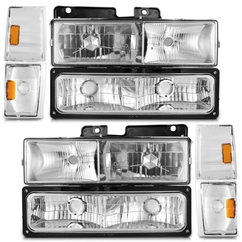 WEELMOTO Headlights for 1988-1993 Chevy GMC C/K Pickup Truck Silverado Tahoe Suburban Sierra Yukon Assembly with Corner & Bumper Light Replacement Headlamp Chrome Housing Reflector Amber