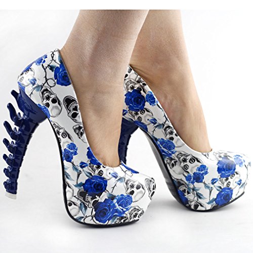 SHOW STORY Ladies Skull Rose Print Platform Bone Heel Party Club Pumps,LF806104