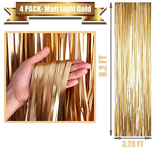 Image of 4 Pack Champagne Gold Foil Fringe Curtain Backdrop, 3.28Ft x 8.2Ft Metallic Tinsel Streamer Curtains for Party, Photo Booth Props, Birthday, Graduation Decoration Party Supplies