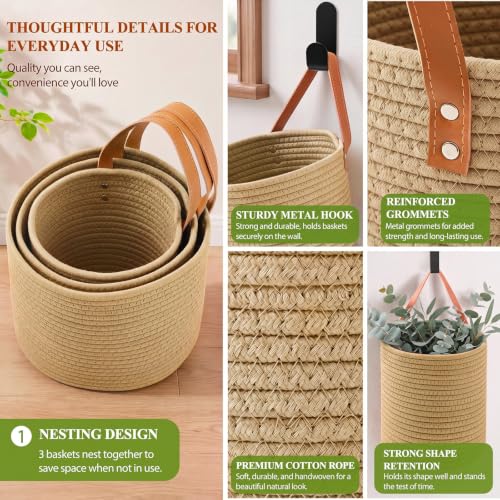 Image of Honeydak 3 Hanging Baskets, Light Linen, Cylinder, Cotton Rope