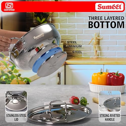 Image of Sumeet ISI Certified Stainless Steel Kadai with Steel Lid & Encapsulated Heavy Bottom |Induction and Gas Compatible | 1.9Ltr Capacity - 22cm Dia, Silver