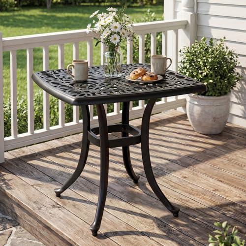 GOPLUS Table Balcon Carrée en Fonte Aluminium Moulé avec Trou pour Parasol, Table à Manger Jardin Motif Floral Ajouré, pour Terrasse, Véranda,...