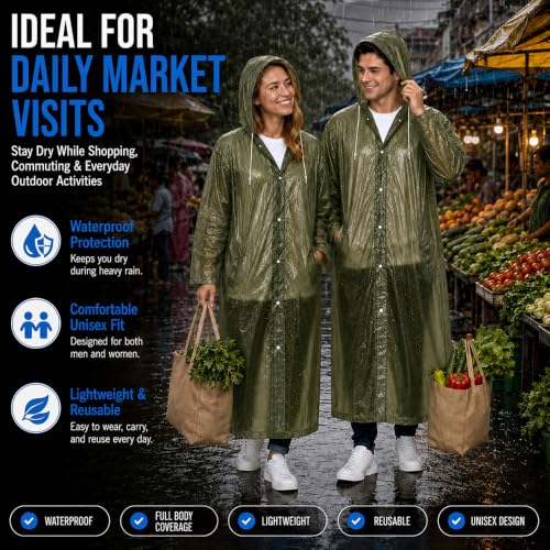 Image of OTOROYS Waterproof Long Rain Coat with Hood for Men, Women, Boys & Girls | Universal Full Length Reusable PVC Raincoat | Lightweight Portable Rain Ware for Bike Riding, Travel & Outdoor, Olive