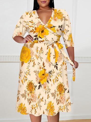 Image of PinkPatty Women's Plus Size Maxi Dress Print 3 /4 Sleeves V Neck Party Sundress Wedding Guest Dresses