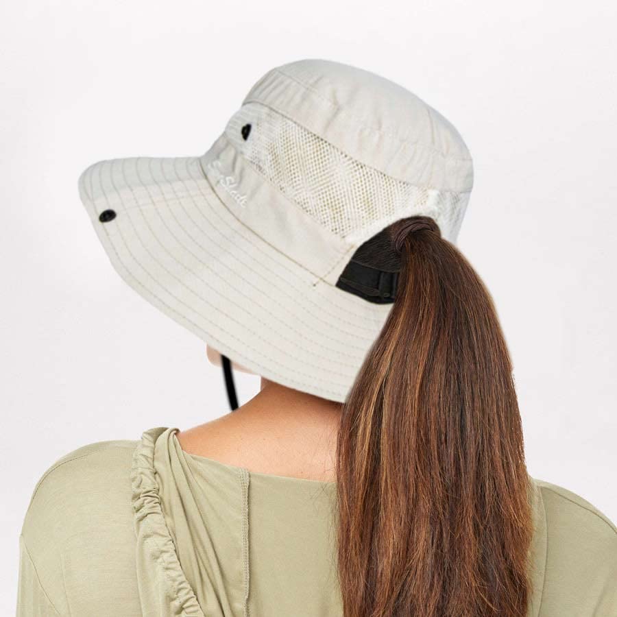 Image of Sun Hat for Women Summer UV Protection Beach Hat Wide Brim Mesh Bucket Fishing Hat with Ponytail Hole Foldable Packable Hat