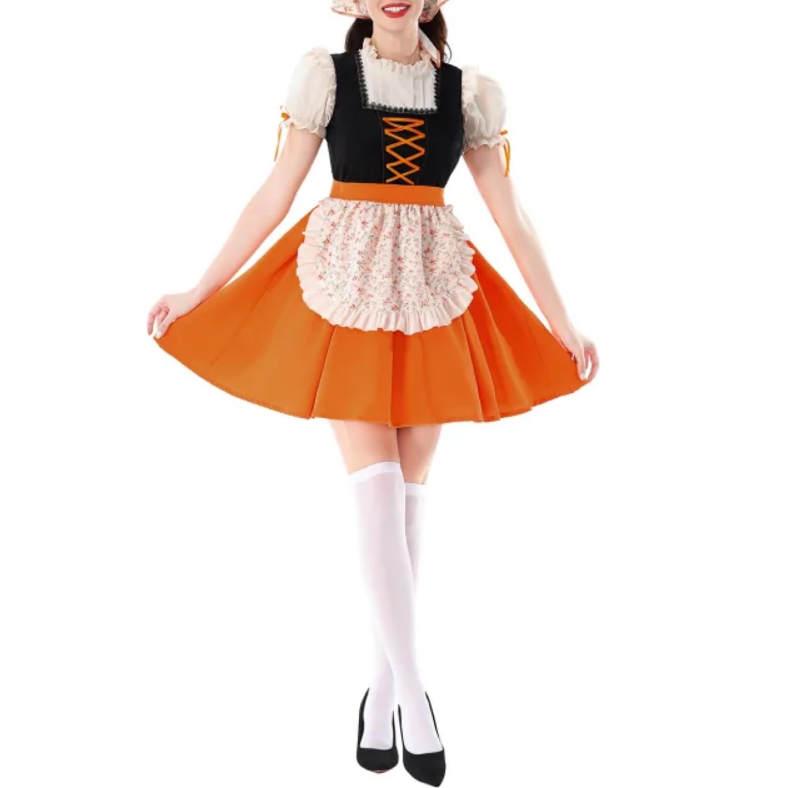 Générique Robe Dirndl Femme Oktoberfest Traditionnelle - Manches Bouffantes, Corset Lacé, Tablier à Volants Fleuri, Costume Bavaroise pour Fête à Thème, Carnaval et Soirée Déguisée