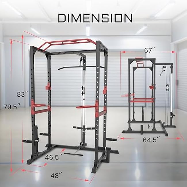 Fitness Reality Power Cage Squat Rack with Optional LAT Pulldown, Cable Crossover, 800 lb Capacity, Multi-Grip Pull-Up Bar, Adjustable Safety Bars, Strength Training for Home Gym
