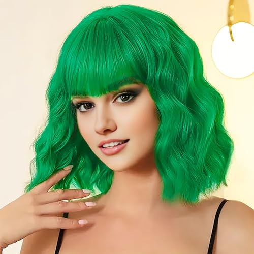 AGO Green Bangs Wig Pastel Bob Wig Shoulder Length Loose Wave Synthetic Hair for Women Girl Synthetic Heat Resistant Fiber for Daily Party Halloween Cosplay Use(G43#Green)