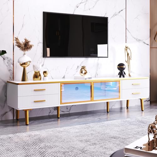Zepneiy Meuble TV Blanc Aspect Marbre, Meuble TV avec poignées dorées et Deux Portes Marron en Verre trempé, pour Salon 170 x 37 x 47,5 cm