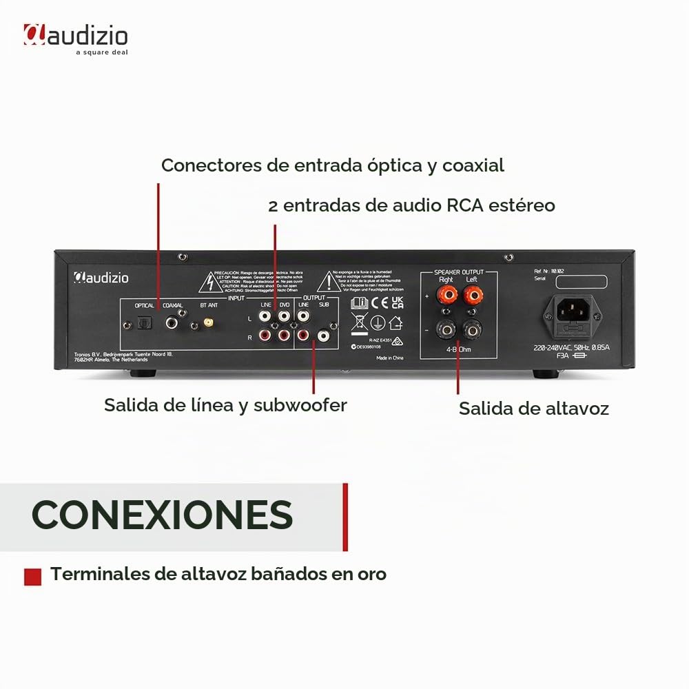 Audizio AD220B Amplificador estéreo Hi-FI de 400w y Bluetooth, 1 Salida subwoofer, Salida óptica y coaxial, 2 Salidas de Altavoz, MP3, EQ, Ideal para Ver peliculas o Escuchar tu música, Color Negro