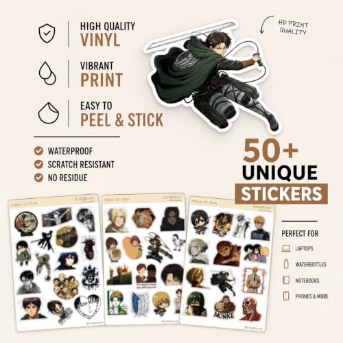 Image of Attack on Titan Anime Stickers Pack (3 Sheets)- Waterproof Vinyl AOT Stickers for Laptop, Phone, Water Bottle, Skateboard - Levi, Eren, Mikasa Decals for Teens & Anime Fans