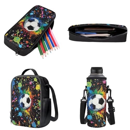 Talayituse Soccer Paint Splatter Print Kids Backpack for Boys Girls, Preschool Elementary School Bag Travel Bapack, 4Pcs Bookbag Set with Lunch Box Pencil Case Water Bottle Carrier Bag3