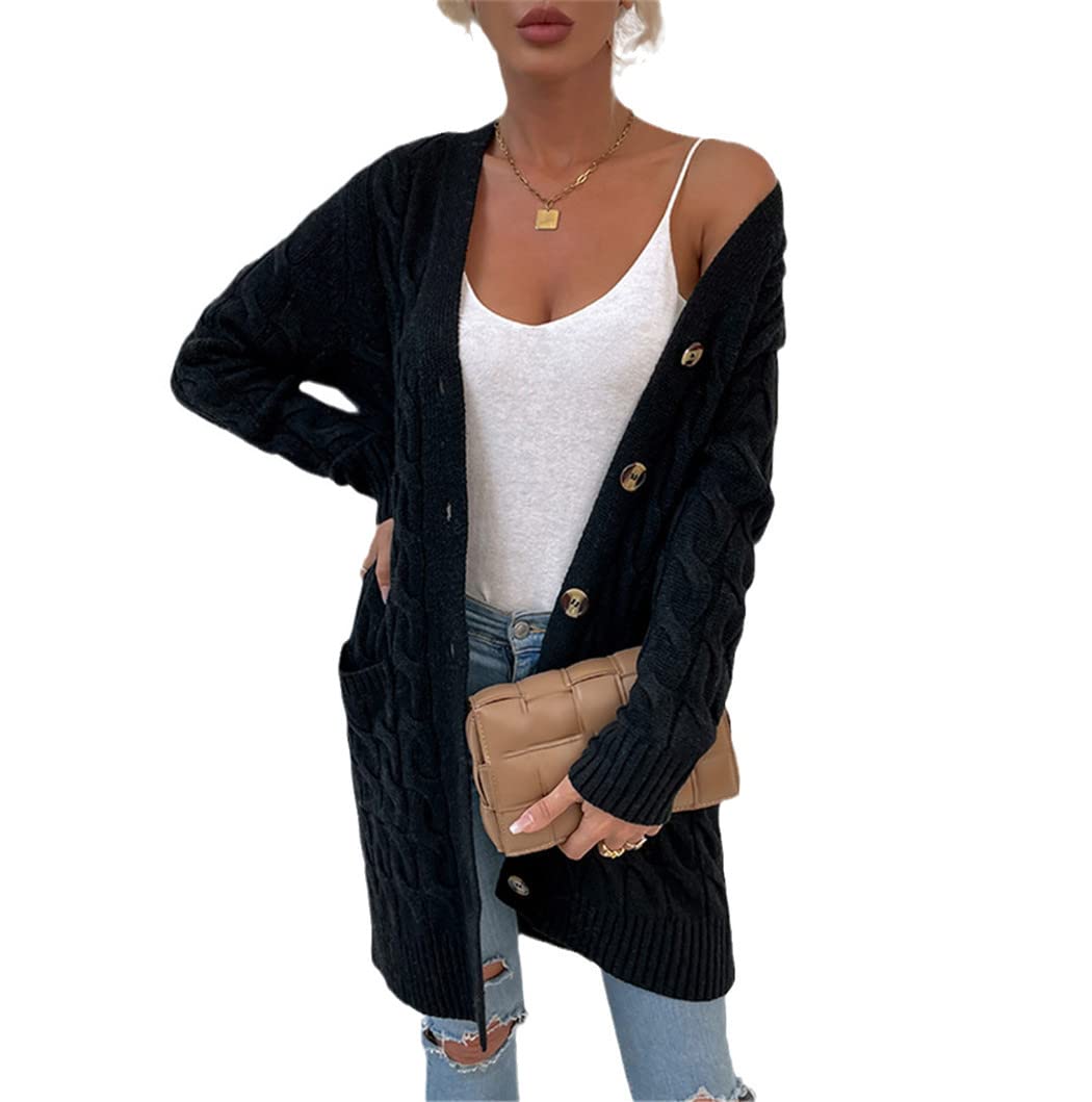 Womens Cardigan Sweater Autumn Winter Long Coat Twisted Rope Solid Color Knitted Sweaters