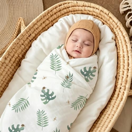 Image of POMISO Muslin Swaddle Blankets for Boys & Girls, Newborn Receiving Blankets, 4 Pack Soft Breathable Baby Swaddles, Large 47x47 Inches, Rain Forest
