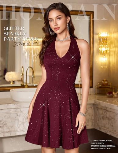 Image of HomRain Glitter Sparkle V Neck Cocktail Dress for Women 2026 A Line Backless Halter Sequin Homecoming Evening Party Dresses