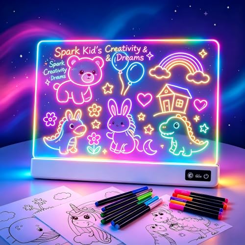 17 Inch Rechargeable LED Drawing Board for Kids, Upgraded 15 Colors Light Up Doodle Pad, Anti-Scratch PVC, Flicker-Free Eye Care, Includes Tracing Cards & 12 Markers, Gift for Girls Kids (White)