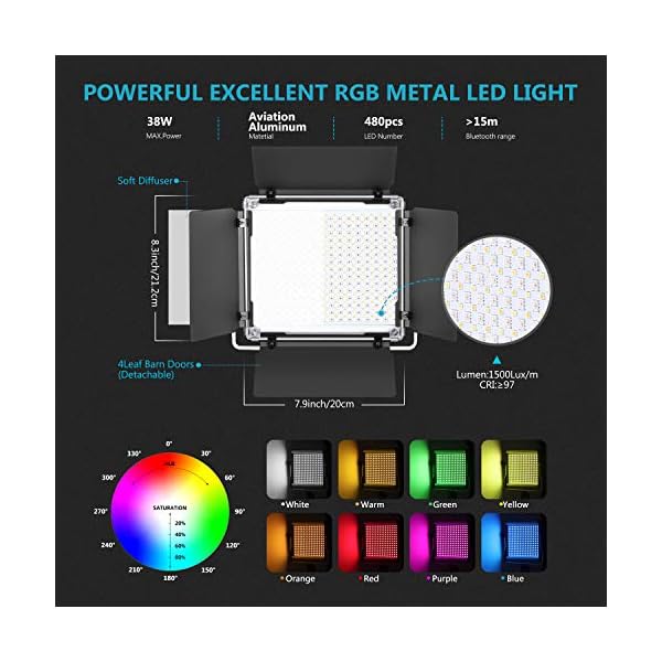 Neewer 2er Pack 480 RGB LED Licht mit APP Steuerung, Foto Videobeleuchtungsset mit Ständern und Softbox, 480 SMD-LEDs… – Bild 3