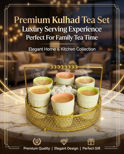 Image of Cutting Chai Glasses with Metal Holder Stand, Ceramic Glasses with Sugar Bowl for Serving Tea, Coffee, Lassi - 23 CM Diameter