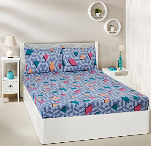 Amazon Brand - Solimo Serena Bright Microfibre Elastic Fitted Bedsheet for Double Bed with Two Pillow Covers (Blue Colour)