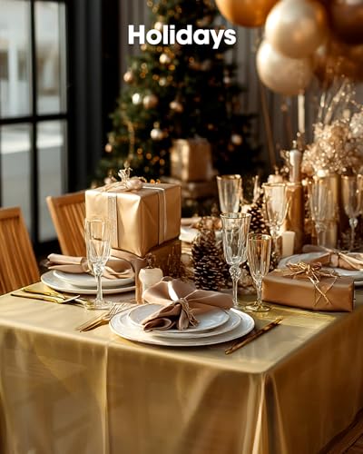 Image of Pureegg Plastic Table Cloth Disposable 10 Pack, 54 x 108 Inch Table Cloths, Graduation Decorations, Thanksgiving, Christmas Tablecloths, Rectangle, Plastic Cover, Leakproof & Sturdy, Gold