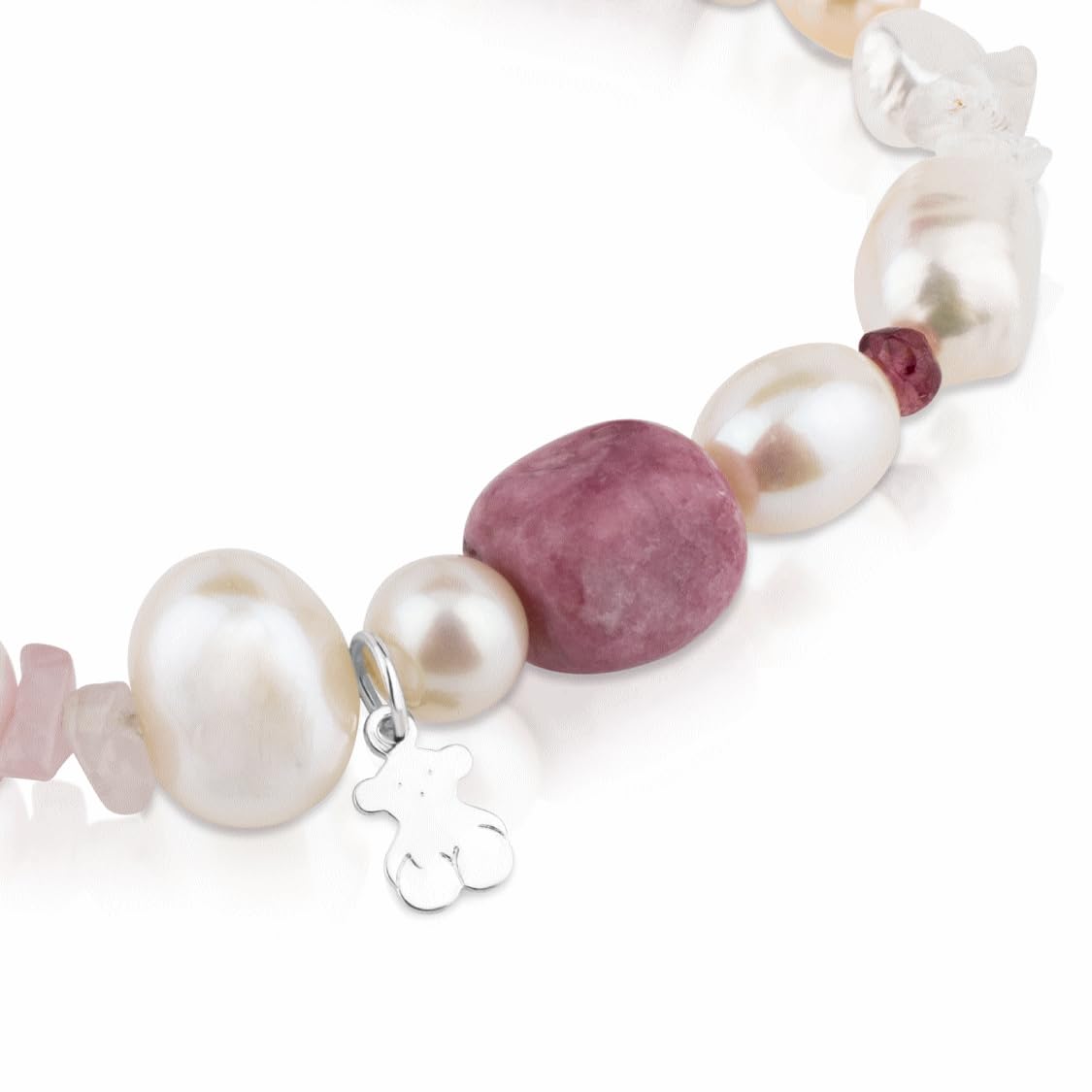 TOUS Pulsera de Perlas, Granate, Rodonita y Cuarzo para Mujer con Motivo de Oso en Plata de Primera Ley, 17,5 cm de Largo, Elegante y Clásica, Colección Pearl