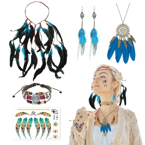 5Pcs Indianer Kopf Schmuck Set Boho Hippie Stirnband Retro Halskette Feder Ohrringe Leder Armband Feder Tattoos Vintage Boho Hippie Tribal Mottoparty Karneval Schmuck für Frauen Karneval Cosplay Party