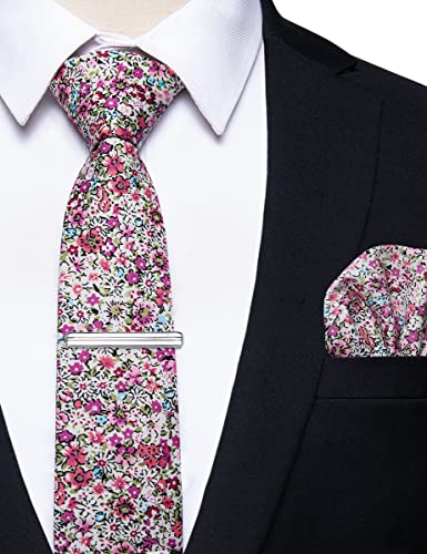 Image of YourTies Cotton Floral Tie for Men 2.5 inch Printed Skinny Necktie Pocket Square Tie Clip Set Flower Wedding Party Groom
