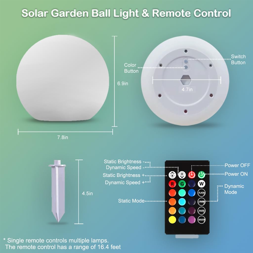 Luz solar de globo brillante de 8 pulgadas, lámpara solar de bola de jardín de 16 colores cambiantes, luz de orbe brillante con control remoto, globo de iluminación de paisaje impermeable con estaca 5