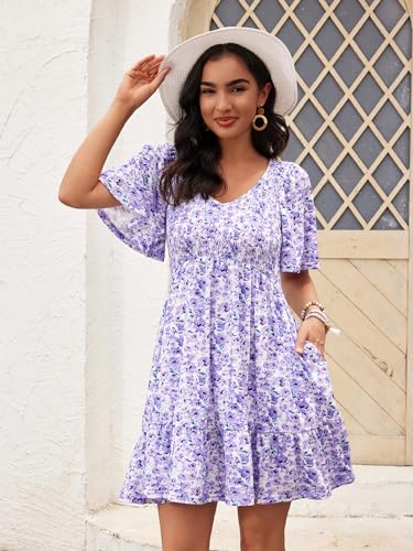 Image of UEAL Womens Cute Floral Smocked V Neck Flutter Sleeve Sundress with Pockets Casual Spring Summer Dresses for Women 2026