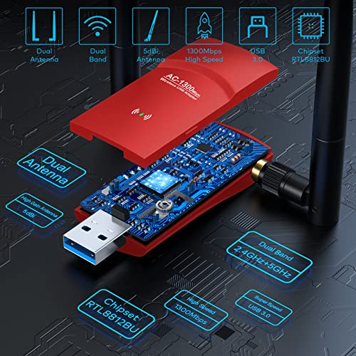 L-Link Usb Wifi Adapter Ac1300Mbps 3.0 Fast Connection For Desktop Pc And Laptop With 2.4Ghz, 5Ghz High Gain Dual Band 5Dbi Antenna, Wifi Dongle Supports Windows 10/8/8.1/7/Vista/Xp/Mac Os/ Linux #TOP2