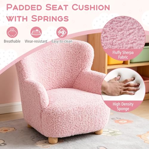 Image of KOTEK Comfy Toddler Chair, Sherpa Kids Armchair with Rubber Wood Legs, Children Reading Chair for Boys & Girls, Upholstered Kids Sofa for Playroom Bedroom Nursery (Light Pink)