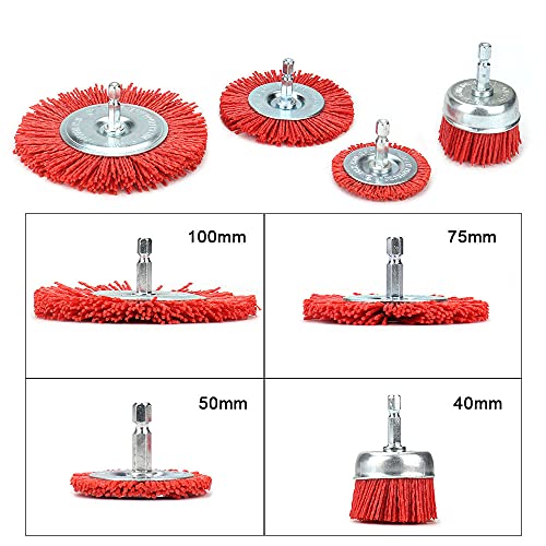 Image of 4 Pack Nylon Filament Abrasive Wire Brush Polishing Wheel with 1 /4 inch Hex Shank Surface Cleaning Rust Removal Red 120#