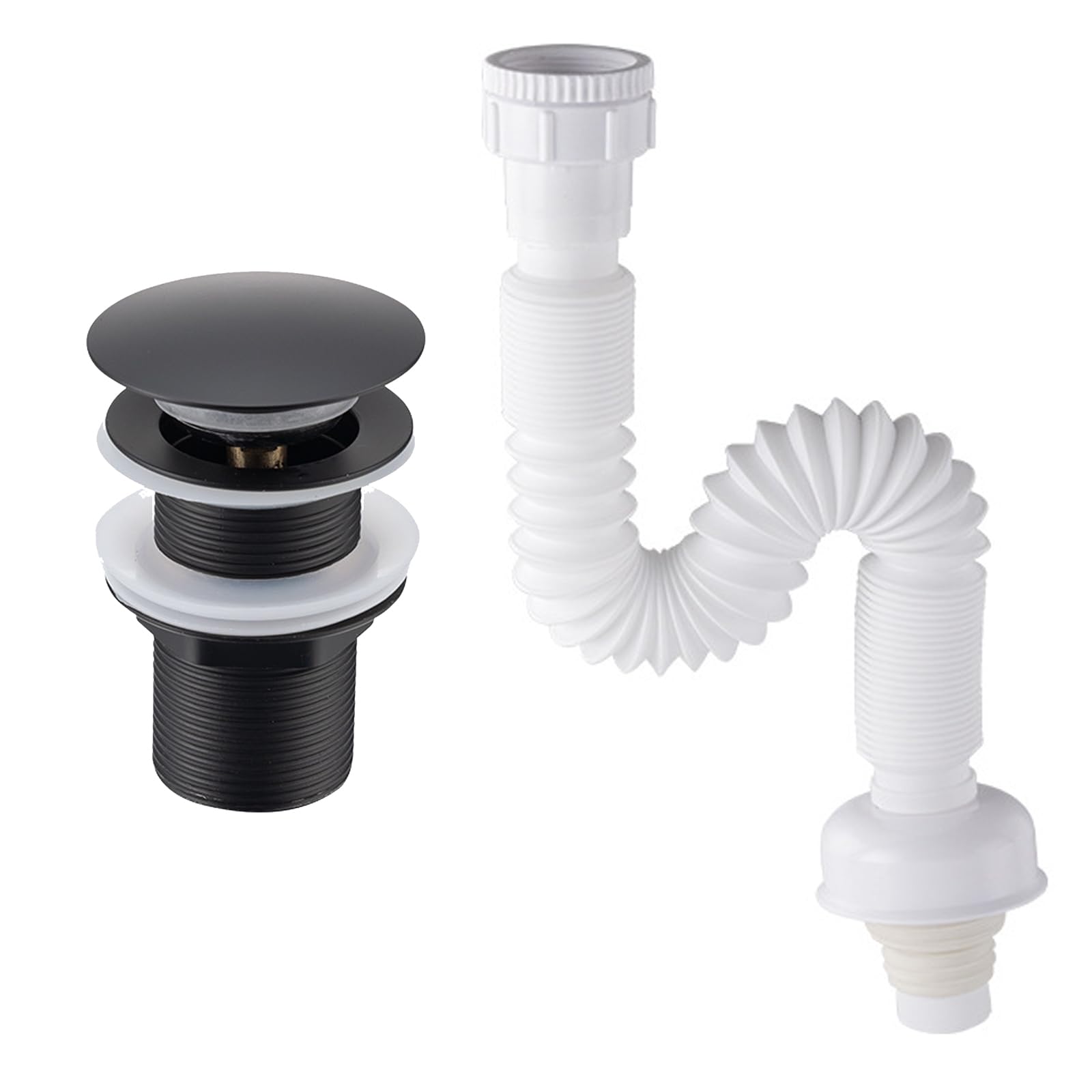 Pop Up Drain Stopper Matte Black, Metal Rustproof Brass and 304 Stainless Steel with Flexible Drain Down Hose for Vanity Vessel Sink without Overflow