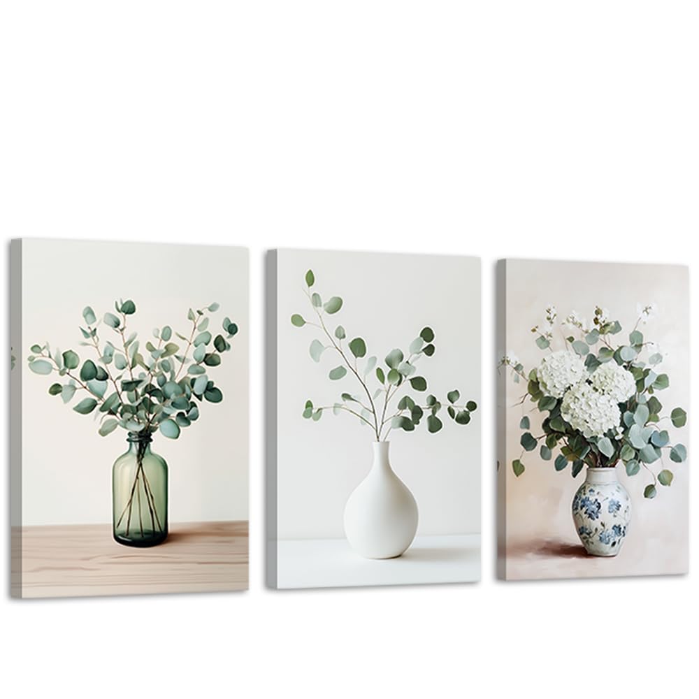 CXHOSTENT Eukalyptus-Wandbild, 3-teiliges Set, botanische Leinwandbilder, Salbeigrün, Vintage-Pflanzenbilder, Poster mit grünen Blättern, gerahmt (30x40cmx3)