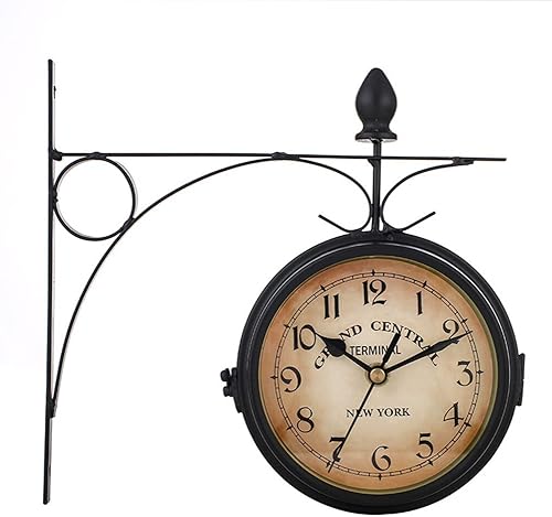 Eforcase Reloj de pared retro de doble cara, estación de reloj de pared de doble cara, reloj colgante de esfera retro, reloj decorativo de cuarzo