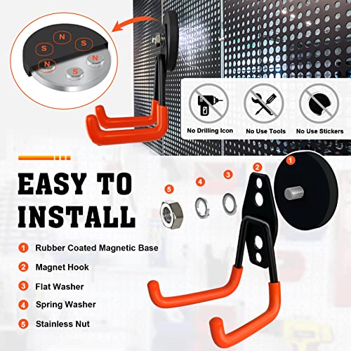 Nubauto 4 Pcs Magnetic Hooks, Garage Magnetic Hooks Heavy Duty With Anti-Slip Coating, Strong Storage Utility Magnetic Hooks For Organizing Power Tools, Ropes, Metal Cabinet, Garden Tools (Orange,M) #TOP2